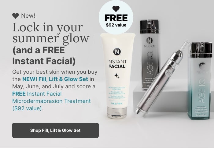 Buy the NEW! Lift, Fill & Glow Set in May, June and July and score a FREE Instant Facial Microdermabrasion Treatment. Featured is the new skincare set.